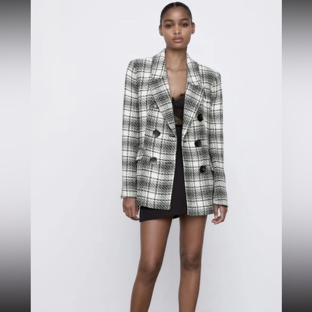 Women's Black and White Plaid Blazer Tweed Double Breasted Casual Work